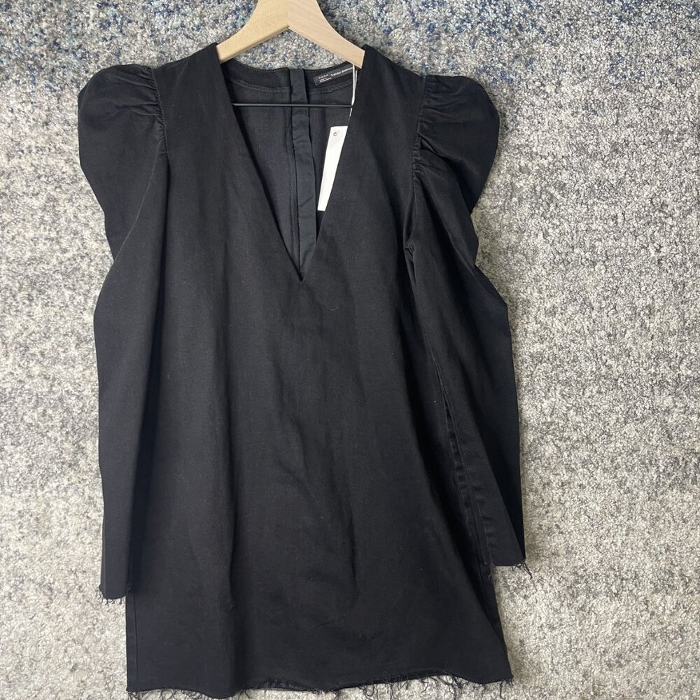 Zara Trafaluc Denim Wear Dress Womens Medium Black Puff Sleeve Mini Distressed‎